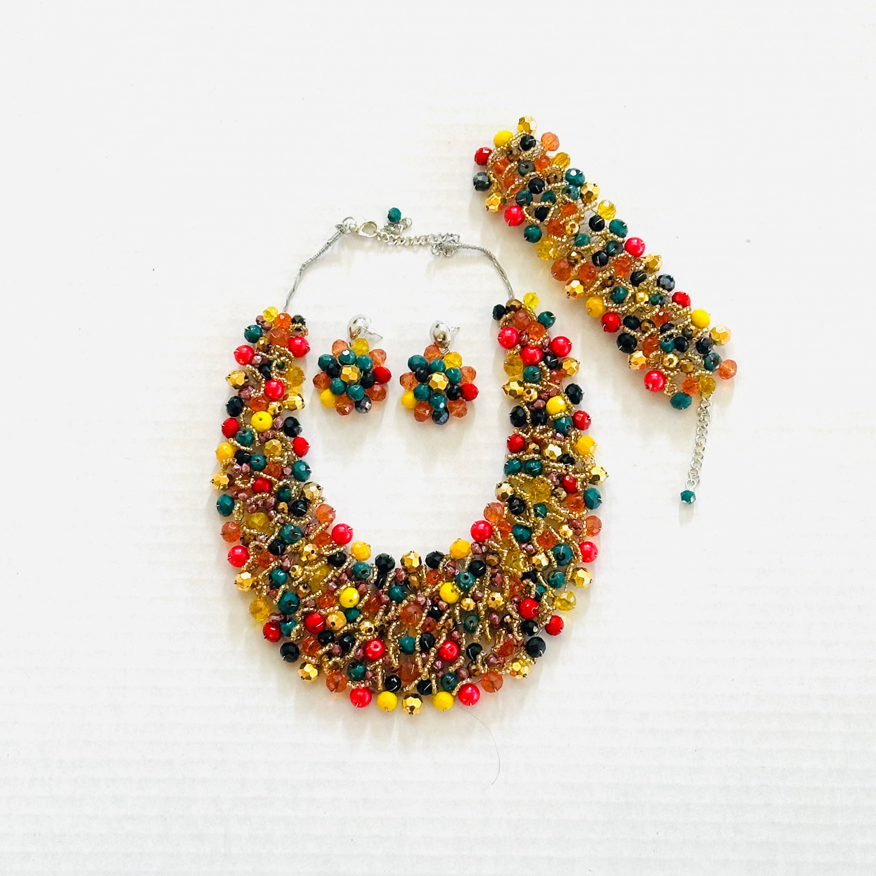 Crocheted Crystal Necklace w/ Earrings